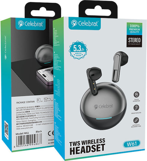 Celebrat W61 Earbud Bluetooth Handsfree Ακουστικά με Θήκη Φόρτισης Μαύρα
