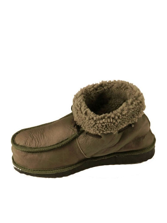 Heel Enclosed Men's Slippers with Fur Green