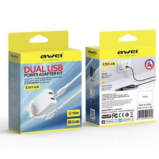 Awei Încărcător cu 2 Porturi USB-A și Cablu USB-C 10W Albς (C15T-UK)