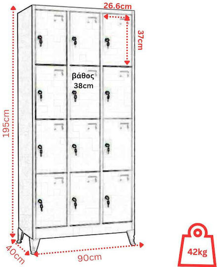 Spind Metallisch mit 12 Schränke 90x40x195cm