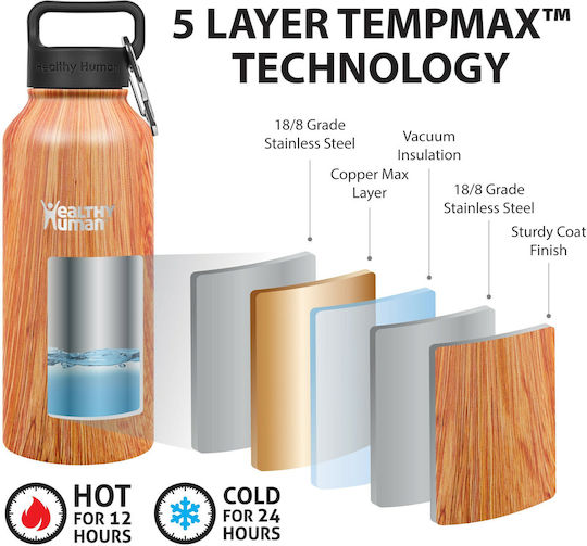Healthy Human Stein Bottle Thermos Stainless Steel BPA Free 621ml Natural Wood