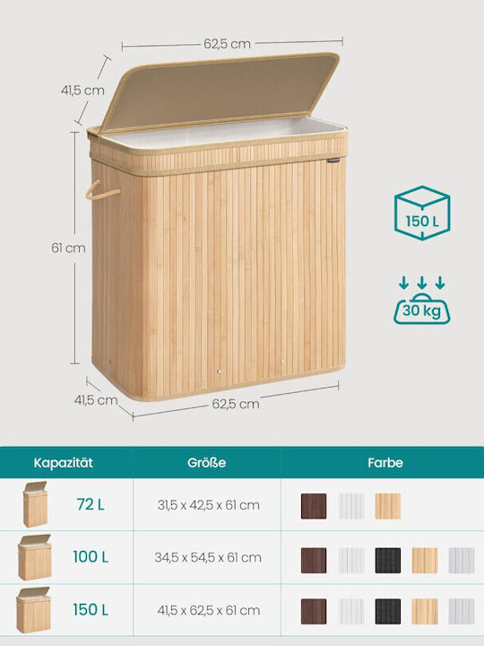 Songmics Wäschekorb Bamboo 150l mit Deckel 41,5x62,5x61cm Beige