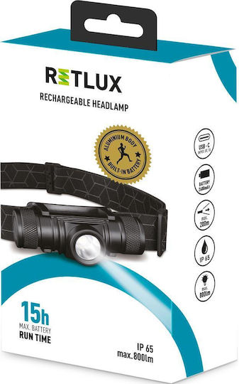Retlux Επαναφορτιζόμενος Φακός Κεφαλής LED IP65 με Μέγιστη Φωτεινότητα 800lm
