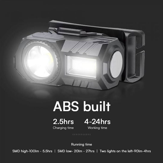 V-TAC Rechargeable Head Flash Light LED IP44 with Maximum Brightness 100lm