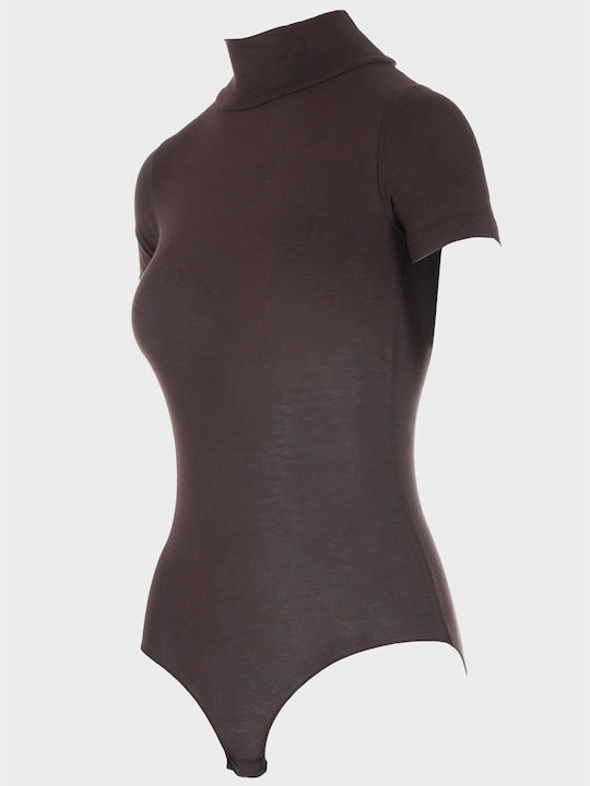 Women's Turtleneck Modal Bodysuit Short Sleeve Brown