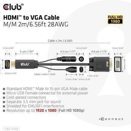 Club3d Hdmi To Vga Cable M M 2m/6.56ft 28awg