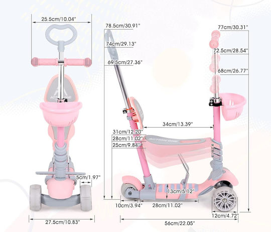 Action One Kids Scooter 3-Wheel with Seat for 12+ Months Pink