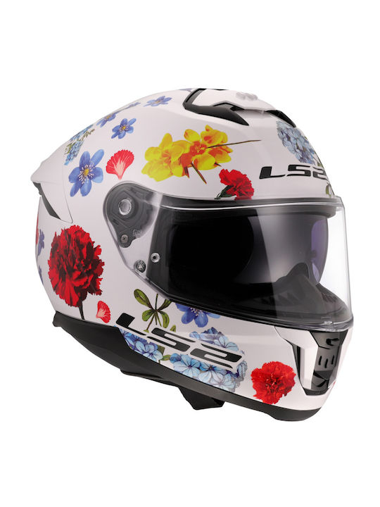 LS2 Stream II FF808 Flowers White Gloss Motorcycle Helmet Full Face ECE 22.06 1550gr with Sunvisor