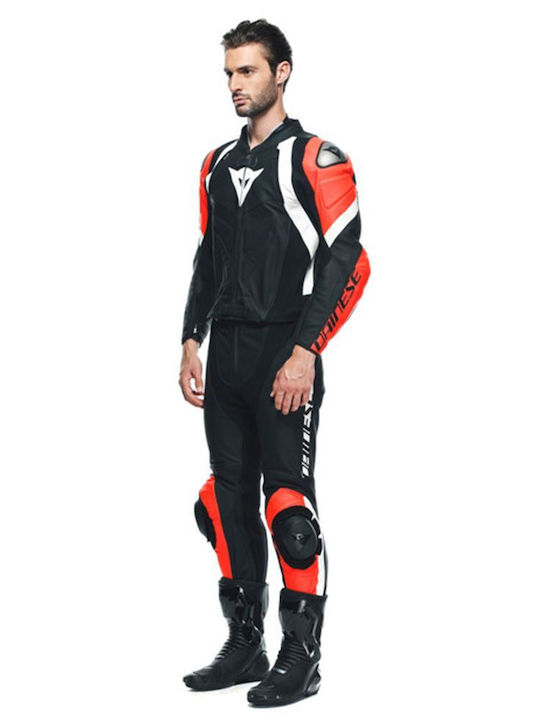Dainese Avro 4 Men's Leather Motorcycle Riding Suit Black Matt/Fluo Red/White