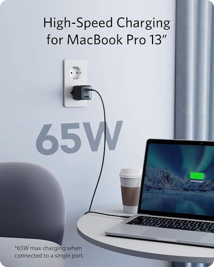 Anker Charger Without Cable GaN with USB-A Port and 2 USB-C Ports 65W Power Delivery Blacks (735 Nano II)