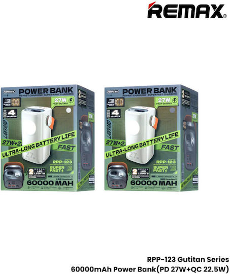 Remax RPP-123 Gutitan Series Power Bank 60000mAh 27W με 3 Θύρες USB-A και 2 Θύρες USB-C Power Delivery / Quick Charge 2.0 / Quick Charge 3.0 Λευκό