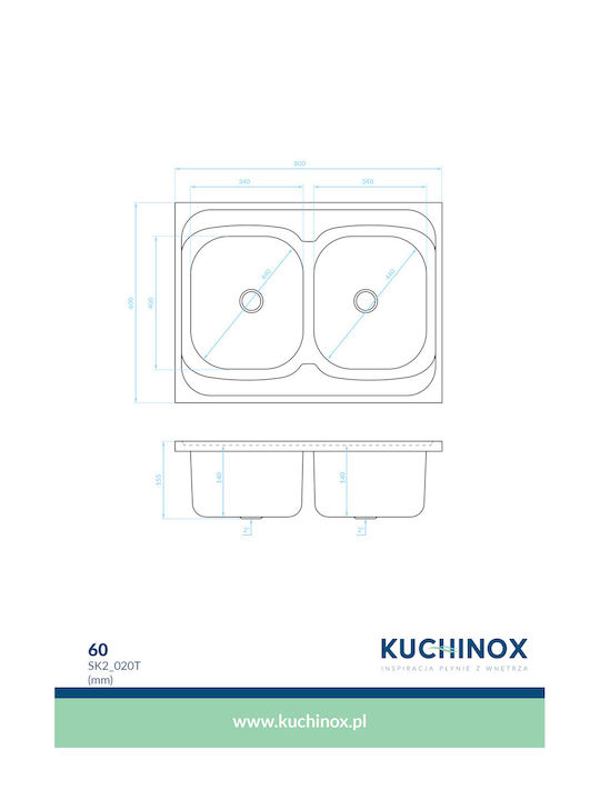 Kuchinox 60 SK2_020T Vessel Sink Inox Satin W80xD60cm Silver