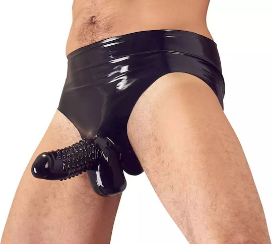 Chiloți din Latex Negru Late X cu Buzunar Striat pentru Penis Mărimea L