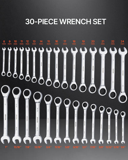 Σετ Κλειδιών Vevor Combination 30 Pcs Sae 1/4" Έως 1" Metric 8-24mm Organizer Rack