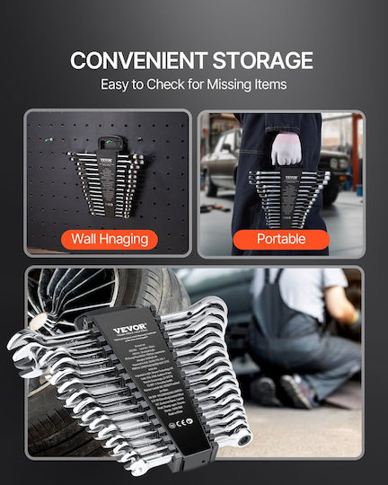 Σετ Κλειδιών Vevor Combination 30 Pcs Sae 1/4" Έως 1" Metric 8-24mm Organizer Rack