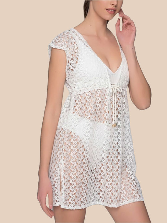 Milena By Paris Γυναικείο Κοντό Ivory Πλεκτό Καφτάνι Σκισίματα Στο Πλάι 040241-Εκρού Ivory