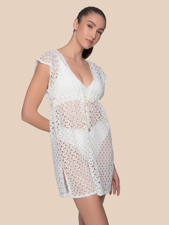 Milena By Paris Γυναικείο Κοντό Ivory Πλεκτό Καφτάνι Σκισίματα Στο Πλάι 040241-Εκρού Ivory