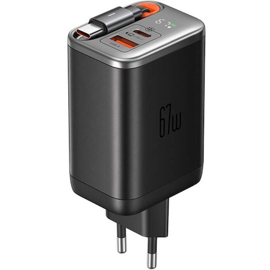 Mcdodo Charger with Built-in Cable GaN with USB-A Port and USB-C Port USB-C 67W Blacks (CH-4100)