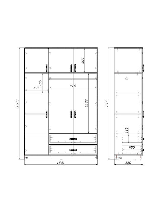 Dreifachtür Kleiderschrank Royal White 150x58x230cm