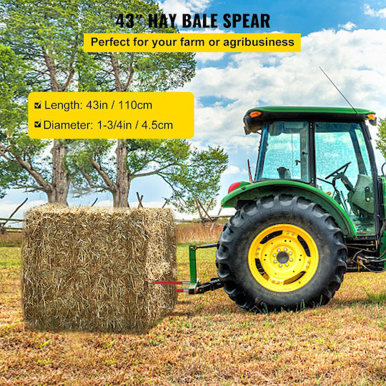 Vevor Pair Hay Spear 43 Inches Bale Spear 3000 Lbs Bale Spike Quick Attach Square Hay Bale Spears 1 3/4 Inches Red Coated Bale Forks Bale Hay Spike Hex Nut and Sleeve Buckets Tractors Loaders