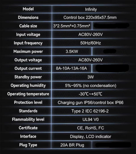Tayniu Infinity Portabil Stație de încărcare pentru mașini electrice 3.5kW cu Cablu încorporat Tipul 2 (Infinity-3.5KW)