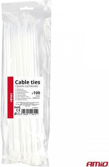 AMiO Cable Ties Plastic 300mm x 4.8mm in White Colour (100 pcs) (04311)