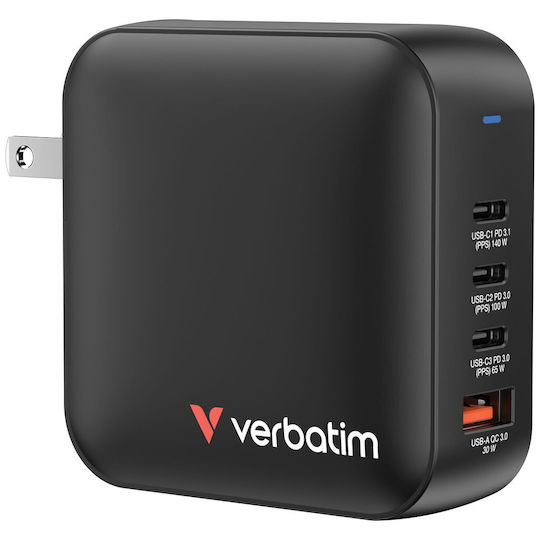 Verbatim Φορτιστής Χωρίς Καλώδιο GaN με Θύρα USB-A και 3 Θύρες USB-C 165W Power Delivery Μαύρος (Mini)