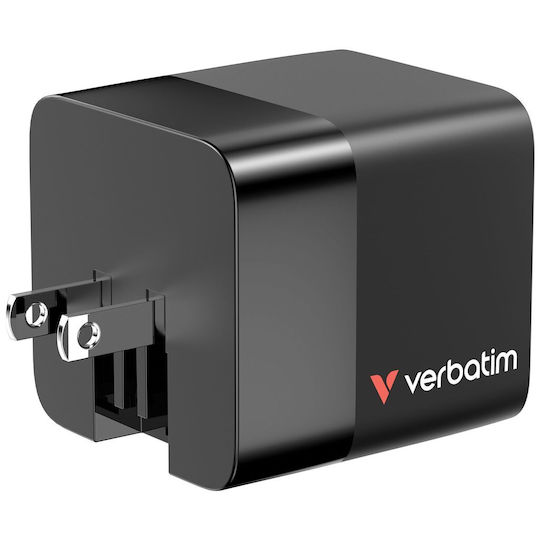 Verbatim Ladegerät mit integriertem Kabel GaN mit USB-A Anschluss und USB-C Anschluss USB-C 65W Stromlieferung / Schnellaufladung 3.0 Schwarzs (32217)