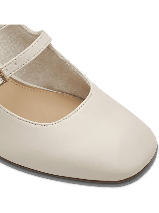 Leather Pointed Toe Beige Medium Heels with Strap