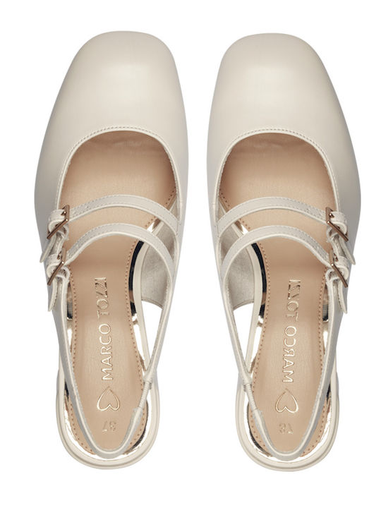 Leather Pointed Toe Beige Medium Heels with Strap