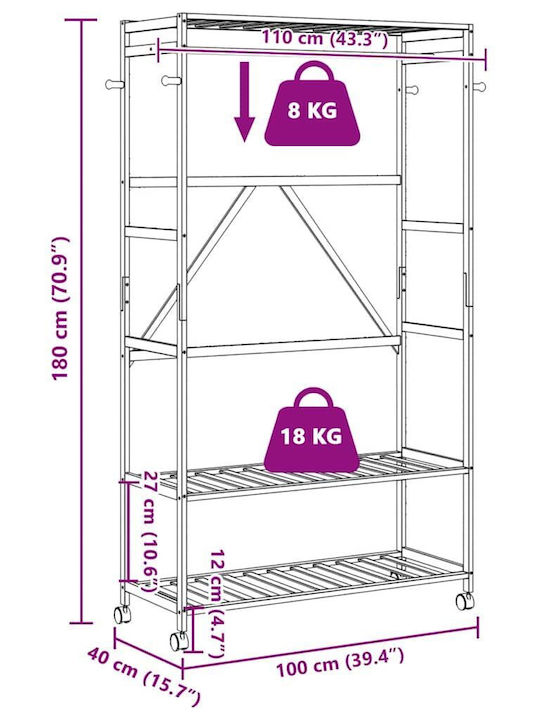 vidaXL Τροχήλατη Κρεμάστρα Δαπέδου από Bamboo Καφέ 110x40x180cm