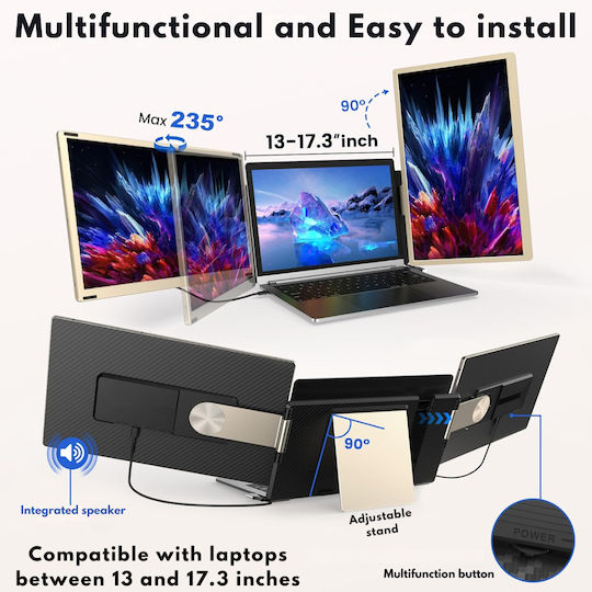 Extensor ecran triplu pentru laptopuri de 13"-17.3" 15.6" Full HD 1080p IPS Display Visionhub compatibil Windows Mac Linux design portabil multifuncțional porturi USB-C Mini HDMI Plug and Play
