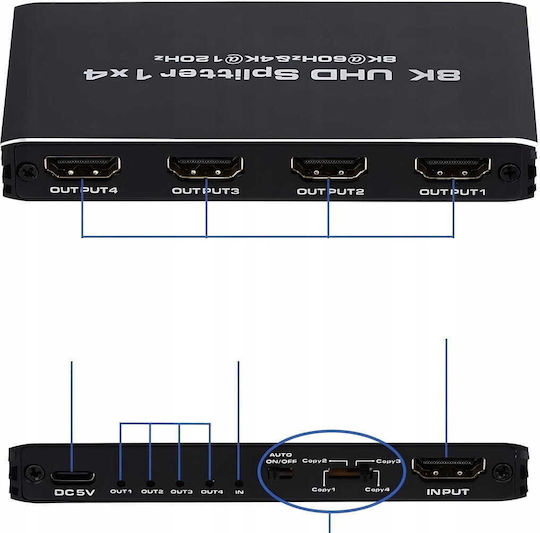 Hdmi 2.1 Splitter 1x4 Ultra Hd Hdcp 2.3 8k60hz 4k 120hz 4 Tv