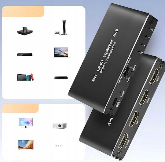 HDMI 2.1 Splitter 1x3 Ultra HD HDCP 2.3 8K 60Hz 4K 120Hz 3 TVs