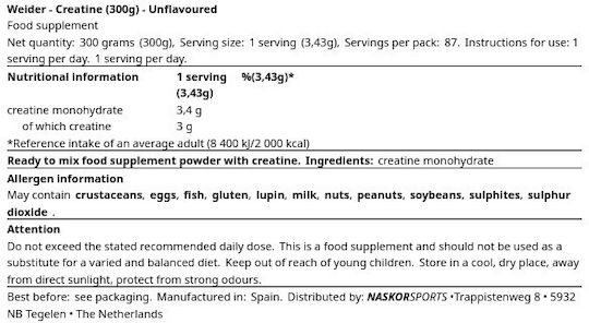 Weider Creatine Monohydrate Micronized Ultrafine Unflavoured 300gr