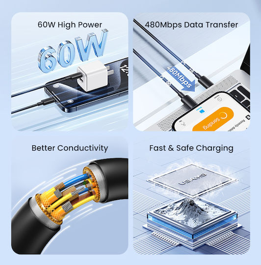 Usams Us-sj711 USB 2.0 Kabel USB-C Männlich - USB-C 60W PD Weiß 1m SJ711USB02