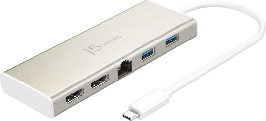 J5create USB-C Докинг станция с HDMI 4K PD Ethernet и свързване 2 монитора Златист (JCD381)