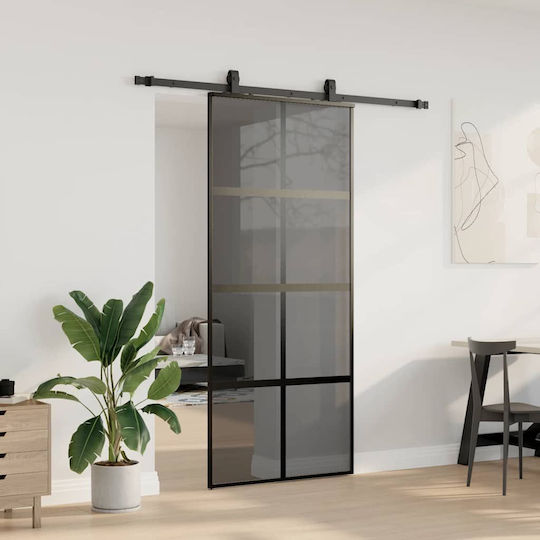 Schiebetürbeschlag-Set Schwarz 90x205 cm Gehärtetes Glas Schwarz 90 x 205 cm Schiene 183 cm