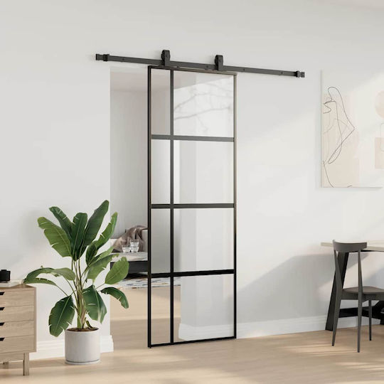 Schiebetürbeschlag-Set Schwarz 76x205 cm Gehärtetes Glas Schwarz 76 x 205 cm Schiene 183 cm
