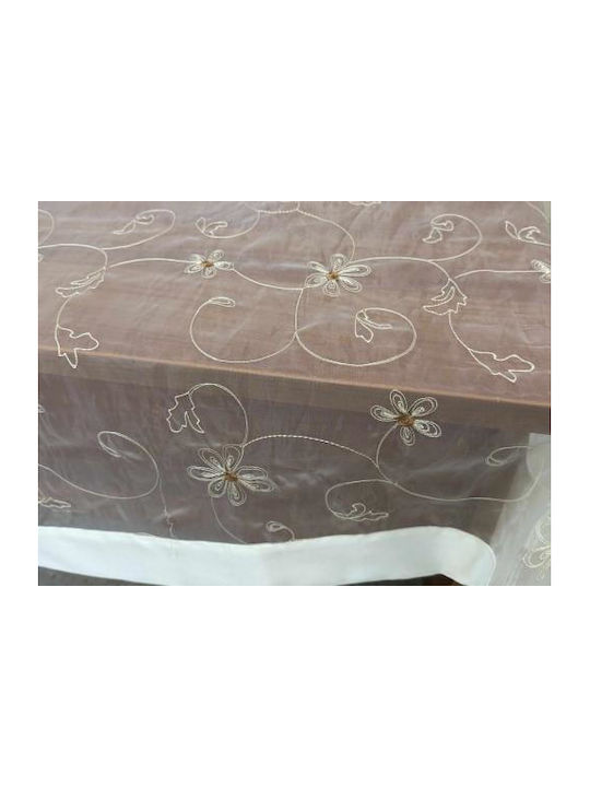 Voile Embroidered Tablecloth Camelia 180x220 140x180 Beige Lh2037501