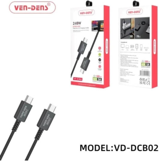 Ven-Dens Magnetic USB 2.0 USB-C Cable Male - USB-C 240W PD Black 1.8m