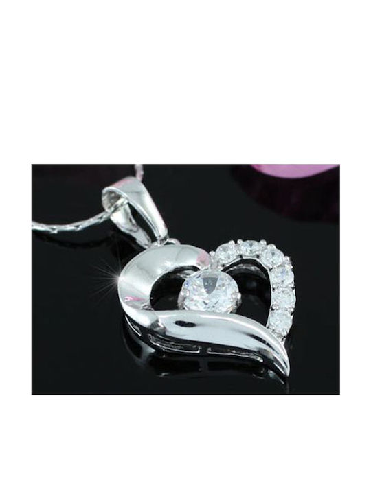 Heart Shape Necklace with Crystals on Half Side White Gold Jojo Necklace Size 39.5cm 44.5cm Heart Size 1.8cm X 2.1cm Gold-Plated White Gold