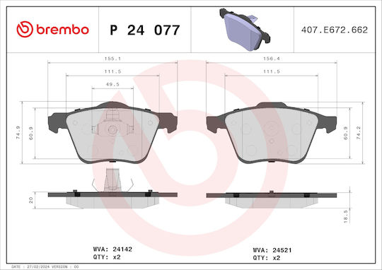 Brembo Brake Pad Front for Ford Galaxy / S-Max Jaguar MK II Volvo S60 / S80 / V60 / V70