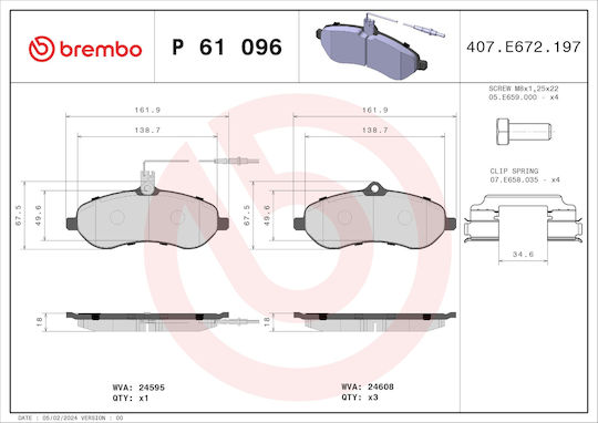 Brembo Σετ Τακάκια Εμπρός για Citroen Jumpy Fiat Scudo Peugeot Expert / Expert Tepee Toyota Proace
