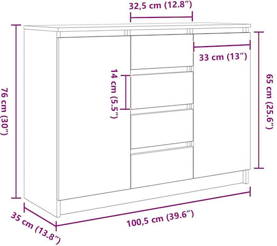 vidaXL Office Storage Drawer Wooden Brown 100.5x35x76cm
