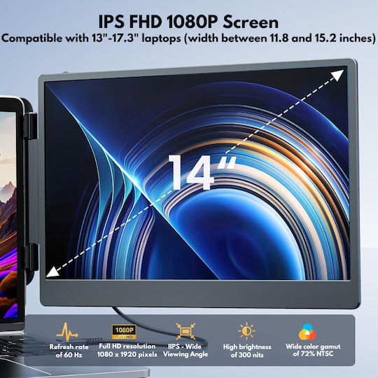 Expandable Portable Laptop Monitor Visionhub 14-inch Fhd 1080p Ips Screen Extender 13-inch To 17-inch Laptops 360-degree Foldable Dual-screen Compatible Ios Android Windows Mac Usb-c Hdmi Ports Plug Play