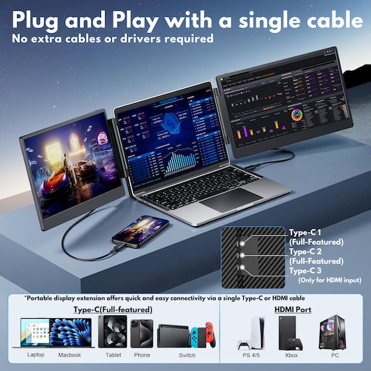 Разширяем преносим лаптоп монитор Visionhub 14-инчов FHD 1080p IPS екран разширител за лаптопи от 13 до 17 инча 360-градусово сгъваем триекранен съвместим с iOS Android Windows Mac USB-C HDMI портове Plug Play