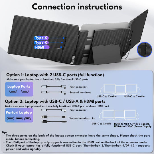 Разширяем преносим лаптоп монитор Visionhub 14-инчов FHD 1080p IPS екран разширител за лаптопи от 13 до 17 инча 360-градусово сгъваем триекранен съвместим с iOS Android Windows Mac USB-C HDMI портове Plug Play