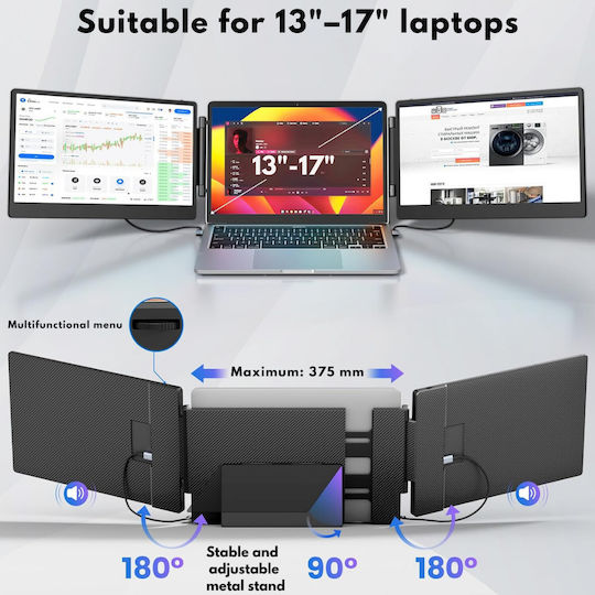 Разширяем преносим лаптоп монитор Visionhub 14-инчов FHD 1080p IPS екран разширител за лаптопи от 13 до 17 инча 360-градусово сгъваем триекранен съвместим с iOS Android Windows Mac USB-C HDMI портове Plug Play