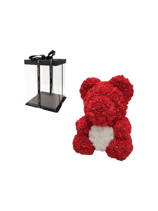 Teddy Bear Artificial Roses Red White Heart 25cm Box